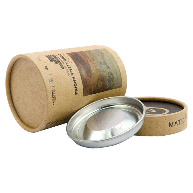 Kraft paper cardboard food packaging tube with metal lids (RB117)