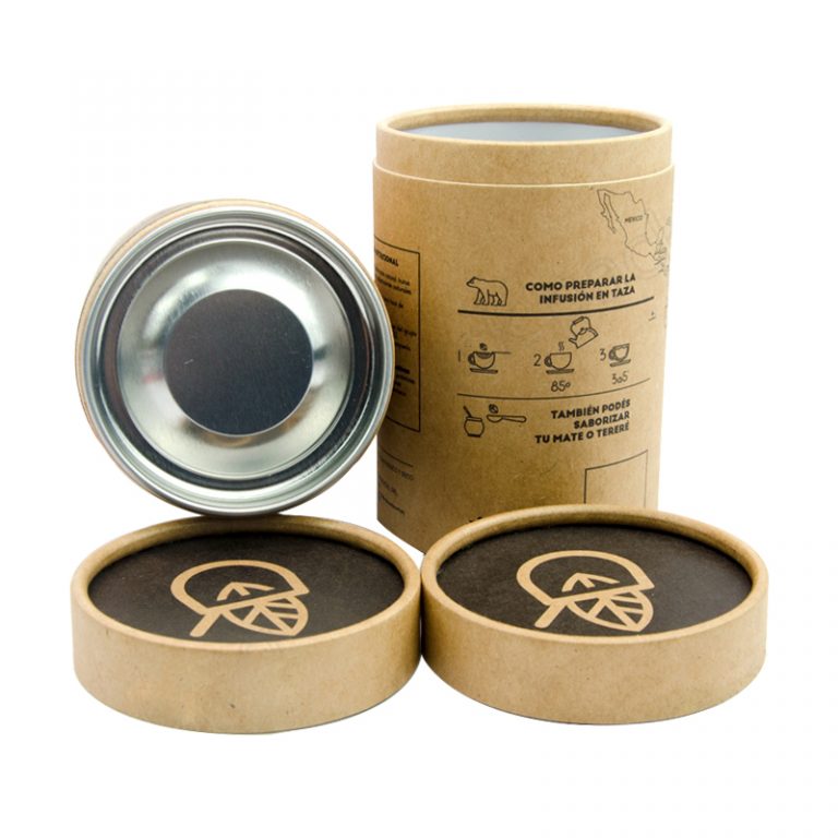Kraftová papírová tuba na čaj s podšívkou z hliníkové fólie s kovovým pocínovaným plechem