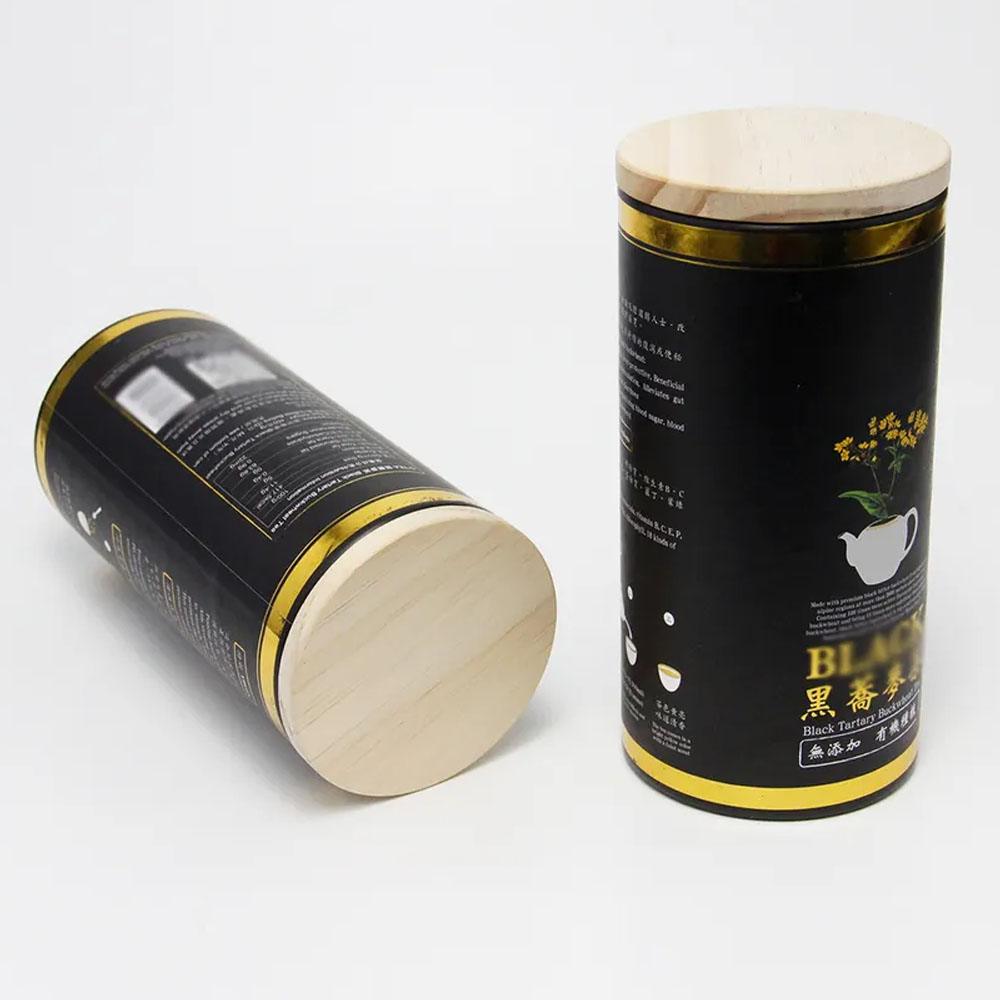 Caja de embalaje de tubo de papel con revestimiento de papel de aluminio con tapa de madera